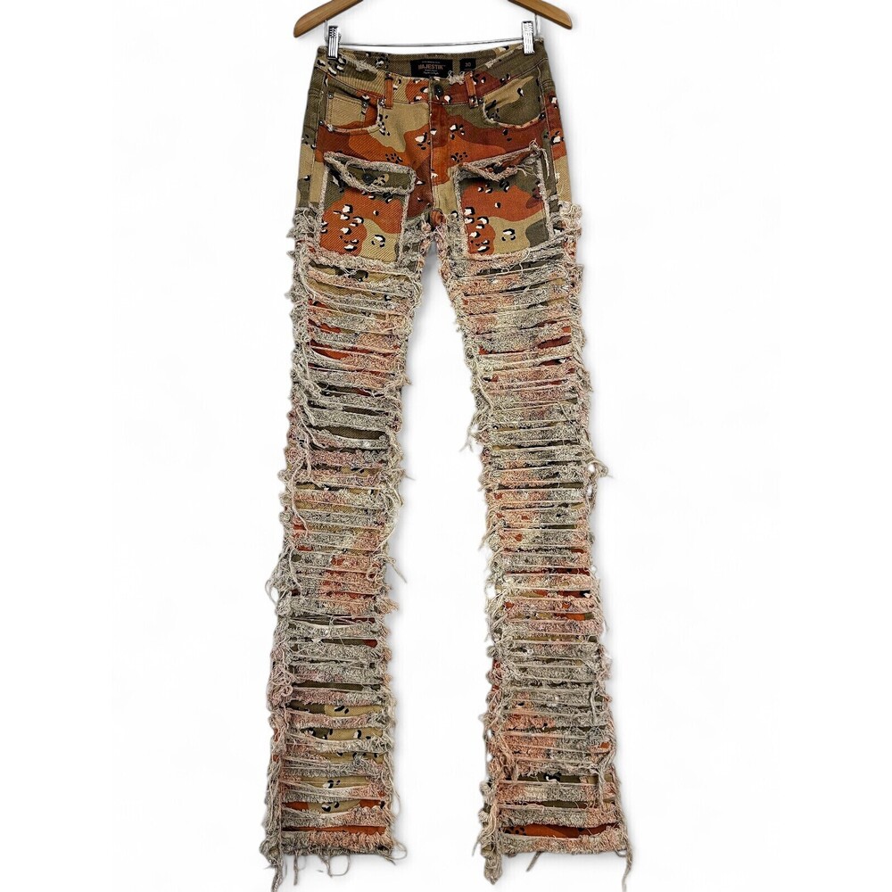 Majestik Camo Distressed Flare Wide-Leg Jeans Sz 30